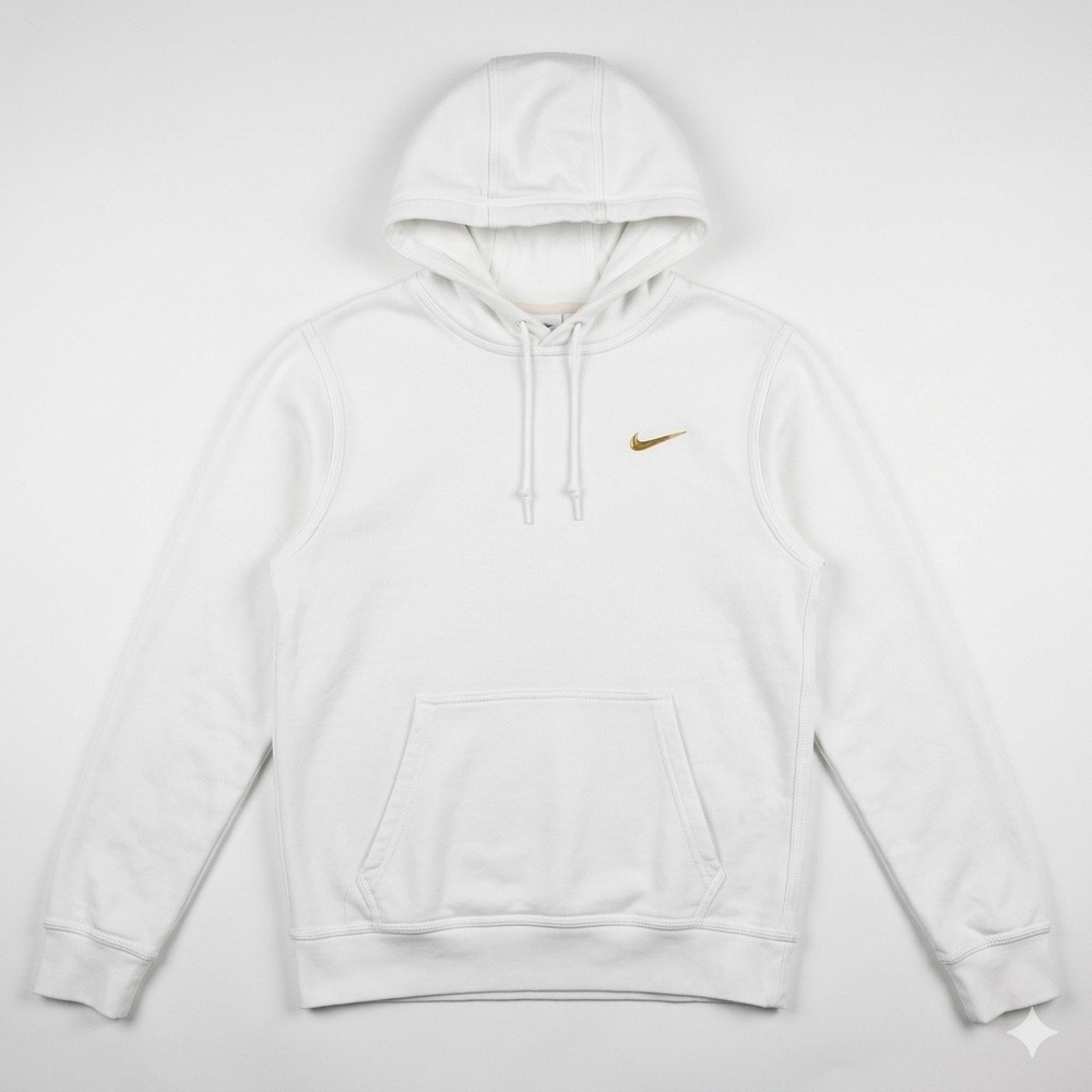 Nike Mens White Hoodie Gold‎ Embroidered Mini Swoosh Pullover Sweatshirt Size M